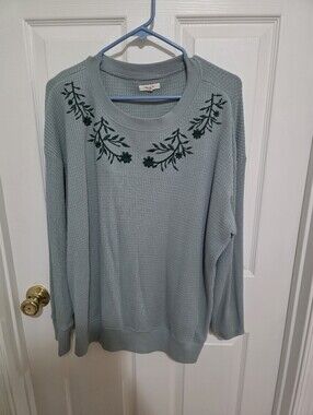 Maurices Sage Green Waffle Knit Crewneck Sweater with Embroidered Floral Yoke
